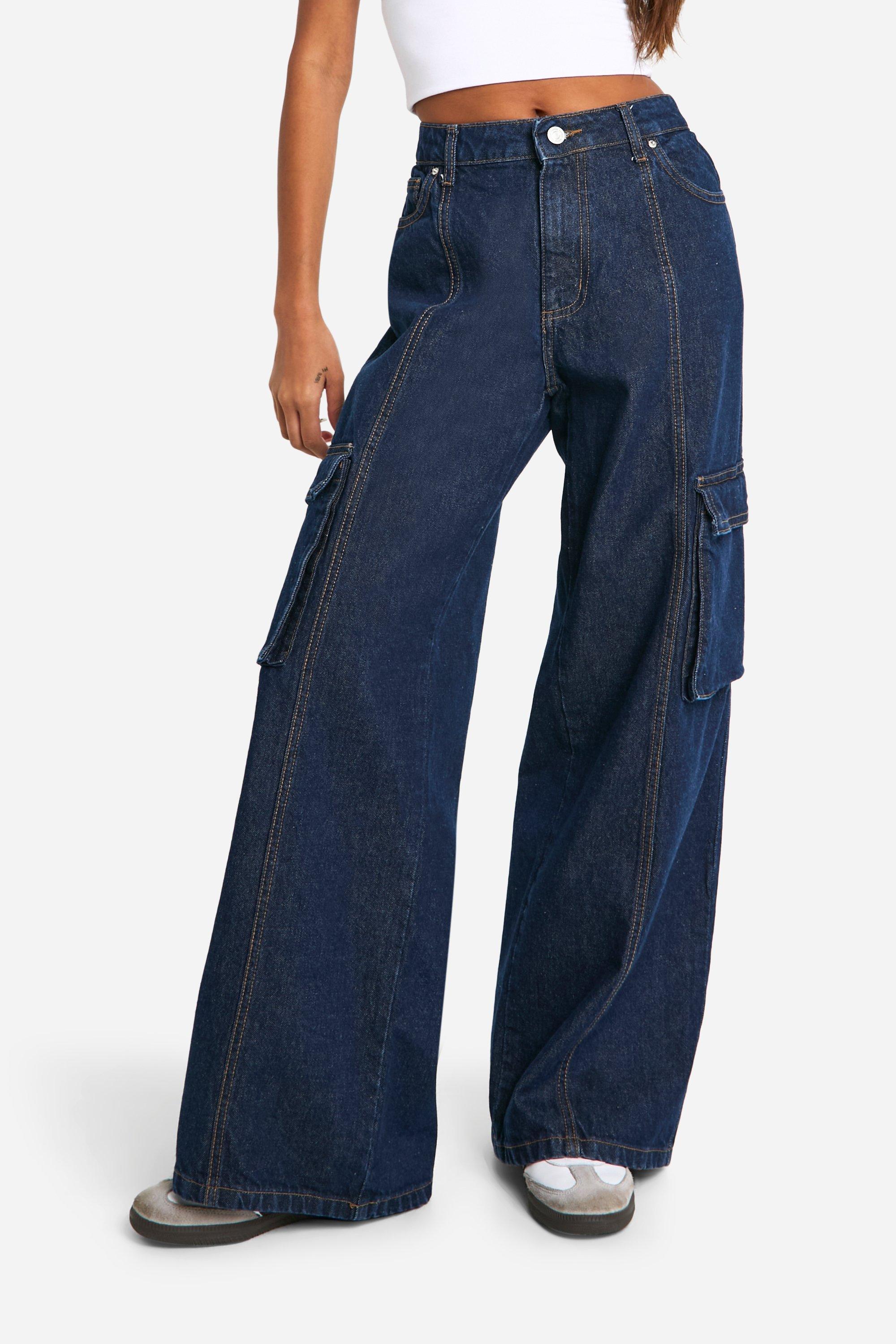 Cargo Pocket Raw Indigo Contrast Stitch Denim Jean | boohoo USA